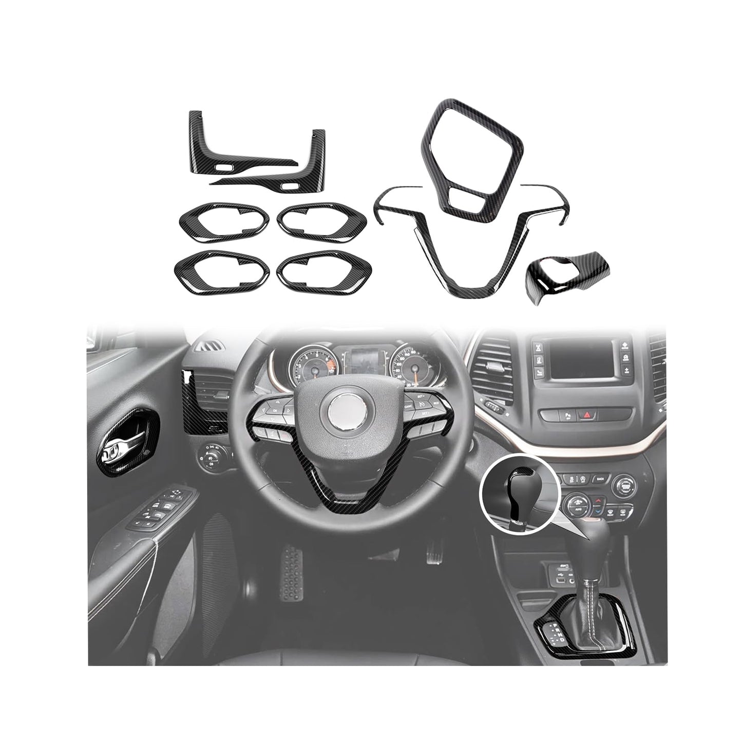 JeCar 9pcs Set Black Carbon Fiber Interior Trim Kit for 2014-2018 Jeep Cherokee Interior Accessories