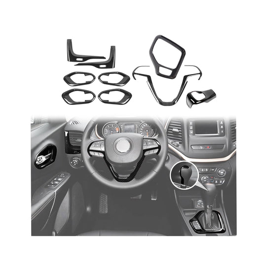 JeCar 9pcs Set Black Carbon Fiber Interior Trim Kit for 2014-2018 Jeep Cherokee Interior Accessories