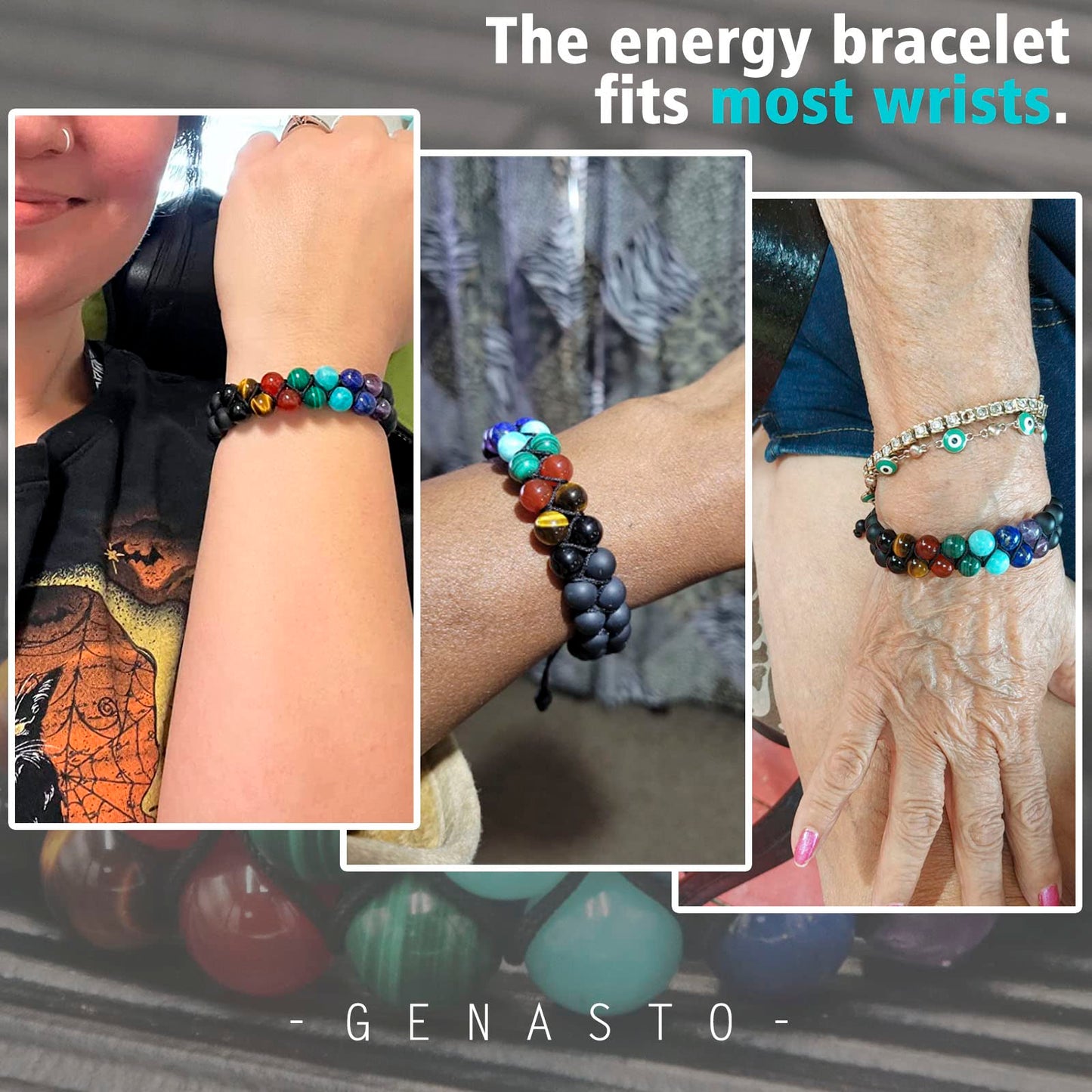 GENASTO Mens Crystal Bracelet, 7 Chakra Bracelet with Real Stones Tigers Eye Obsidan Amethyst Malachite Amazonite Lapis Lazuli Red Agate Beads Bracelets for Multi Healing Protection Balance