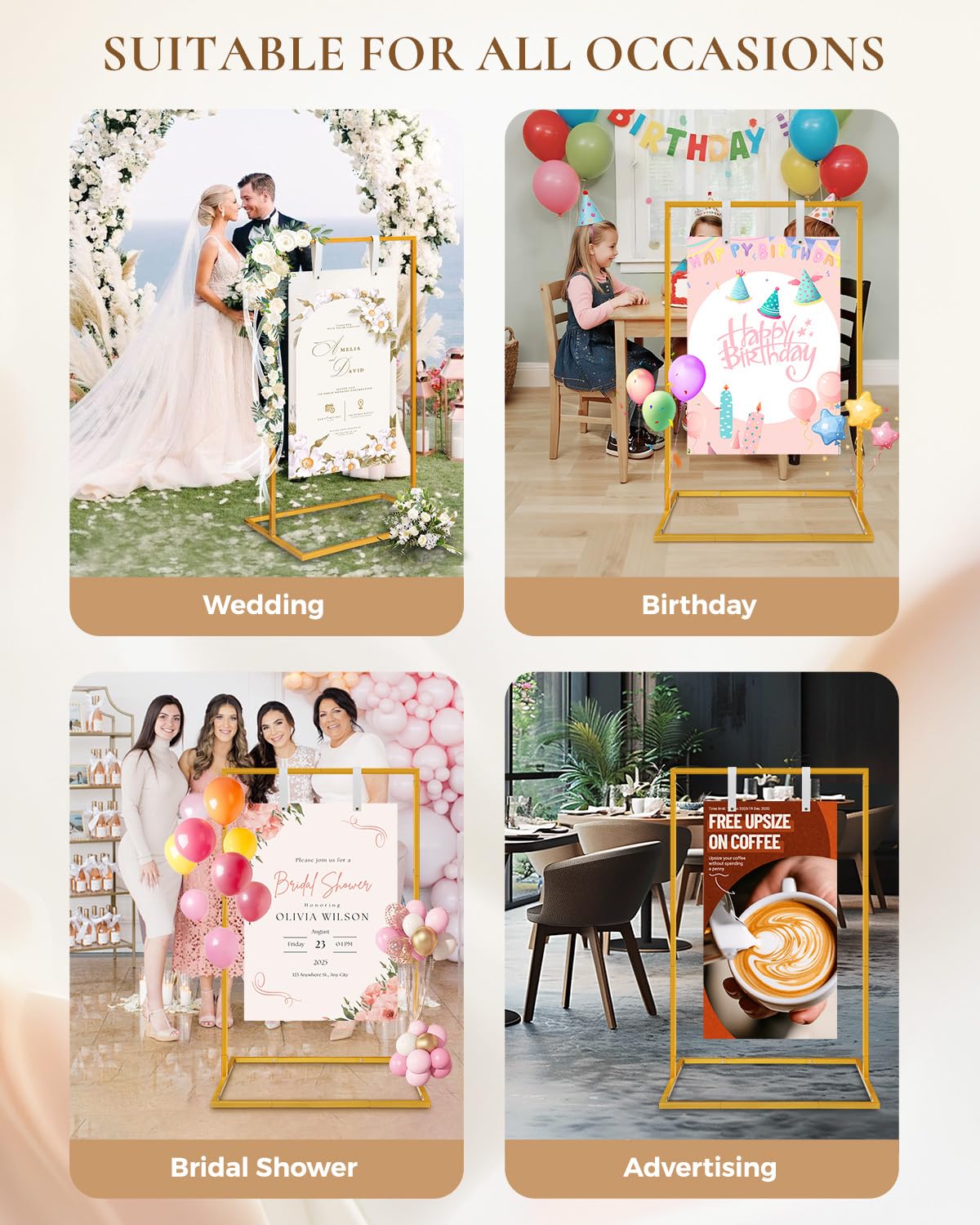 Wedding Sign Holder - Adjustable Welcome to Our Wedding Sign Stand Stand with 39 Premium Templates & Leather Straps, 64"x 30"x 20" Heavy Duty Easel Stand for Sign Display Poster, Wedding, Birthday