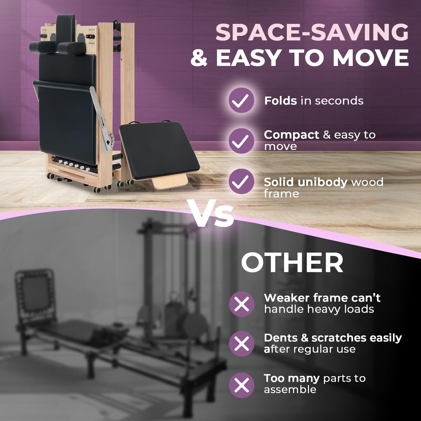 Airlithe Foldable Pilates Reformer Machine|Wooden Frame Reformer Machine with Strings, Versatile Accessories & 50+ Expert-Guided Workouts|Equipment for Strength Training, Rehabilitation, & Flexibility