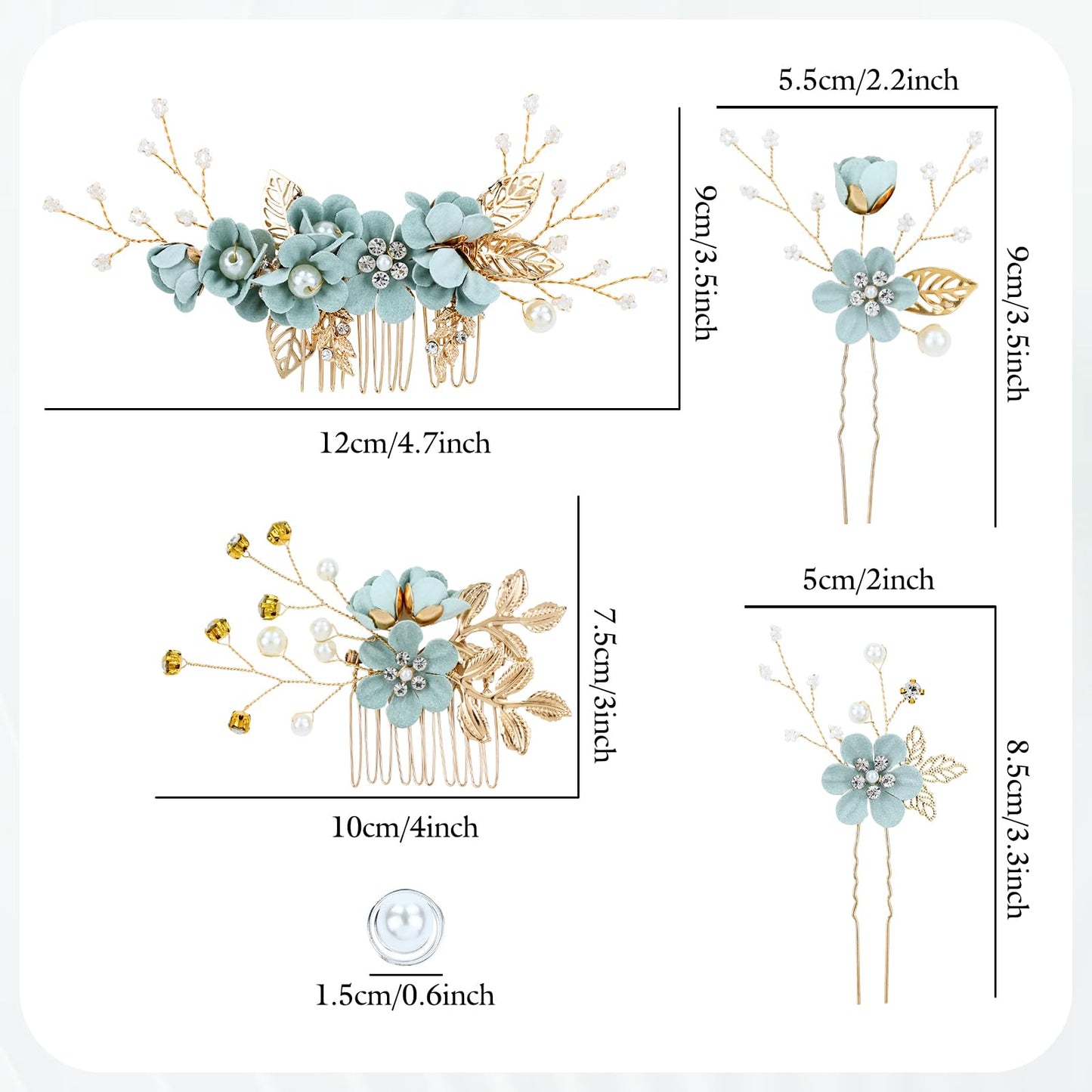 inSowni 20 Pieces Rhinestone Pearl Bridal Wedding Party Prom Light Green Flower Hair Side Combs Slides +U-shaped Floral Hair Pins+Twist Spiral Pearl Hairpins for Brides Bridesmaids Girls Women