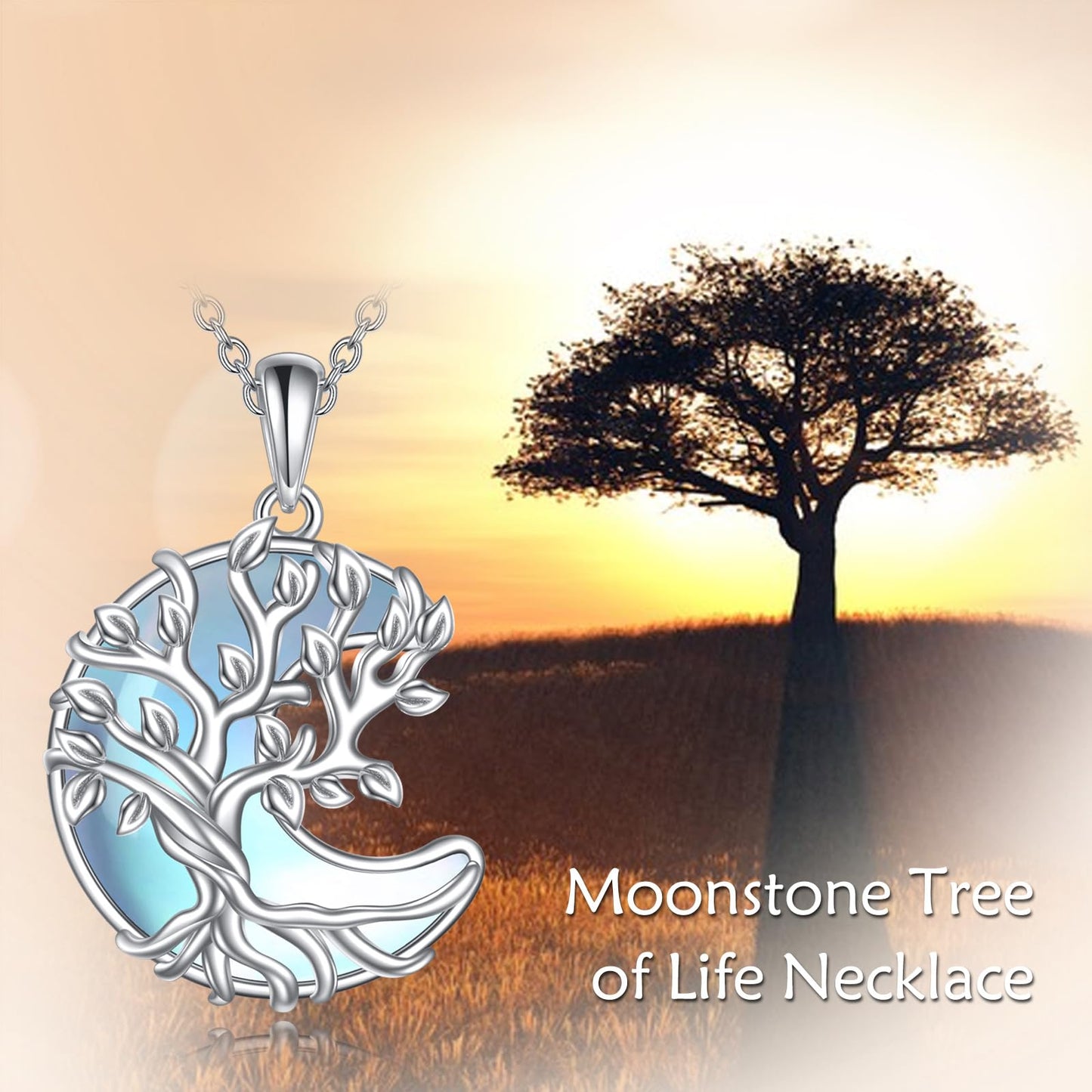 YAFEINI 925 Sterling Silver Moon Moonstone Necklace Tree of Life Pendant Necklace Jewelry for Women (VV-Tree of Life Moon Moonstone)