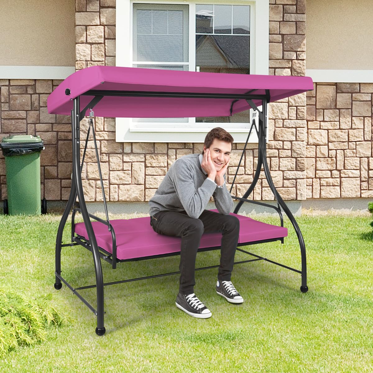Tangkula 3 Seats Converting Patio Swing, Outdoor Porch Garden Canopy Swing with Comfortable Cushion Seats & Adjustable Tilt Canopy, Heavy Duty Hammock 3 Persons Porch Swing (Rose Red)