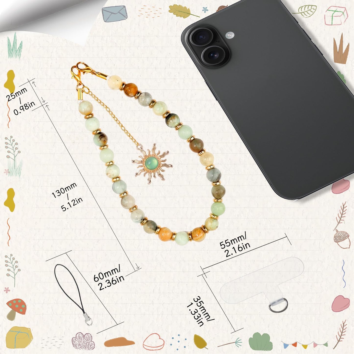 LuneClat Natural Stone Phone Wrist Strap for Women - Golden Sun Beaded Healing Phones Charm for Camera Keychain Decor, Handmade Cellphone Chain Lanyard with Tether Tab