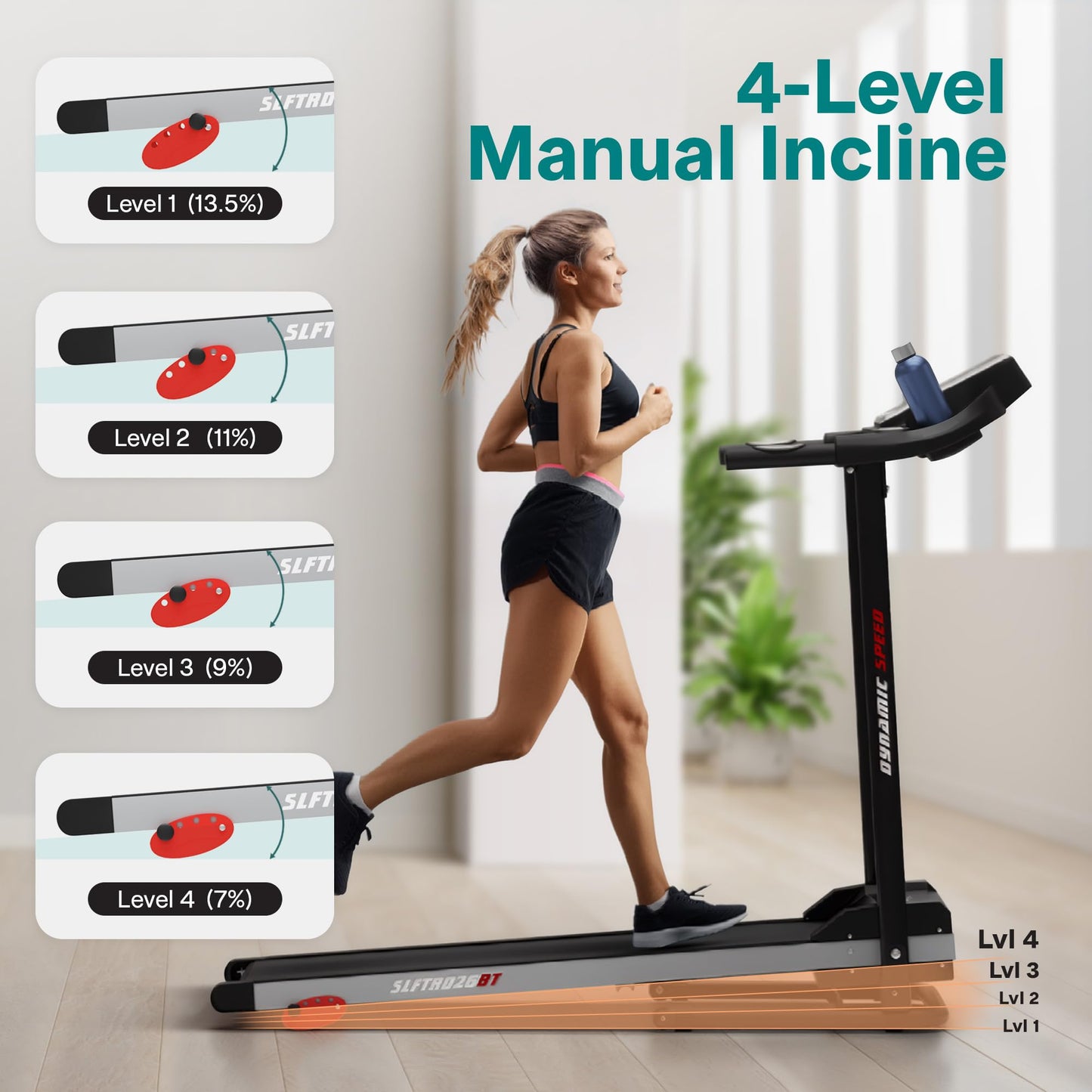 SereneLife Folding Treadmill - Foldable Home Fitness Equipment with LCD for Walking & Running, 6 MPH Speed, 1HP Motor, Cardio Machine, 4 Manual Incline Levels, 12 Programs, Bluetooth, 265lbs Capacity