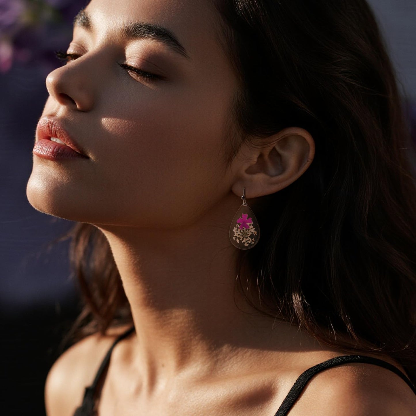 Jean Beau Handmade Pressed Flower Earrings for Women, Unique Resin Purple Dried Flowers Sterling Silver Teardrop Dangle Drop Nature Floral Earings Fashion Summer Jewelry Gift