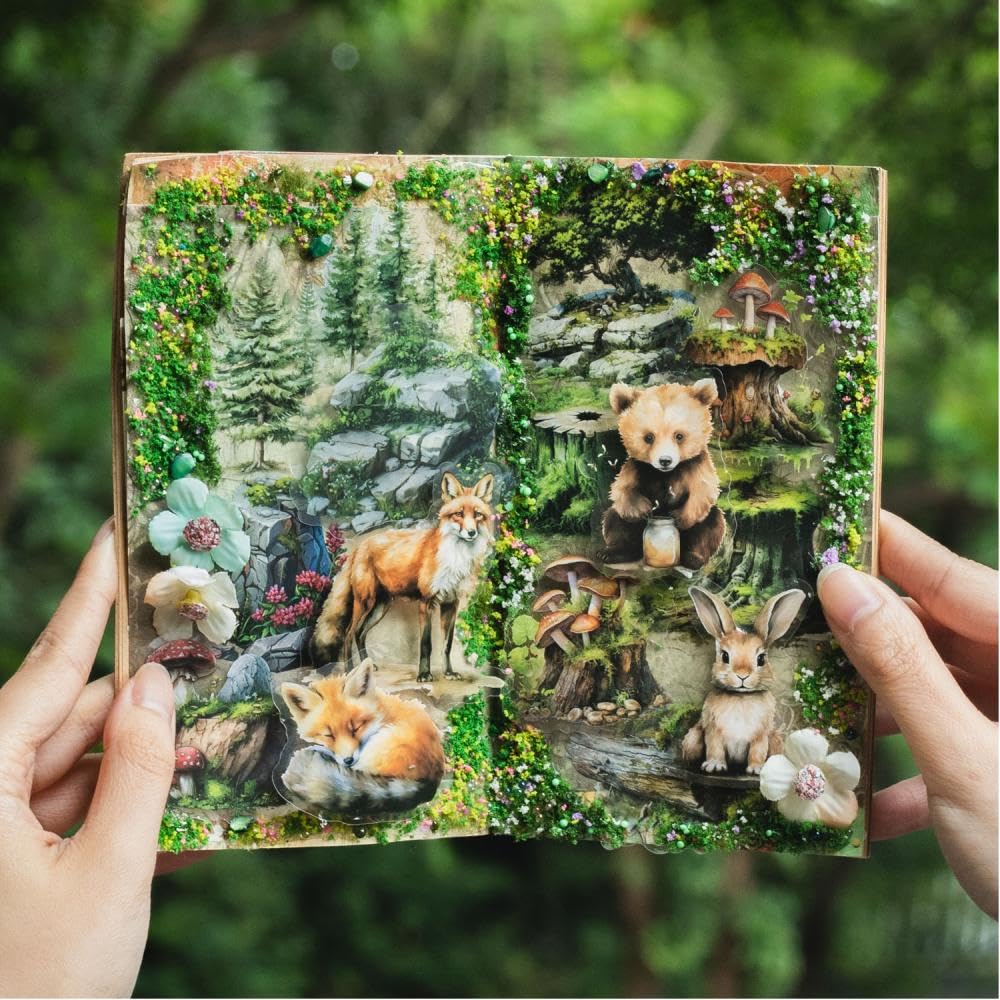 Dwpetzo 150Pcs PET Forest Landscape Stickers for Journaling and Scrapbooking, 6 Themes with Pine Trees Woodland Animals Wooden Stumps Moss Nature Scene Stickers for Junk Journal Supplies, Collage