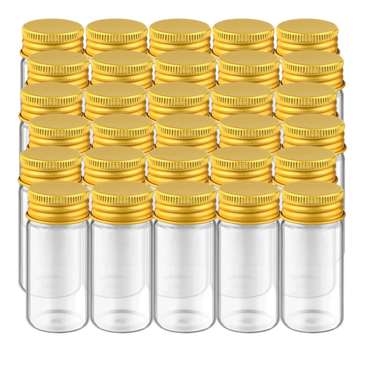 30 Pcs Empty Clear Glass Vials With Aluminum Lids Small Glass Bottles Sample Bottles Seal Jar Storage Containers For Liquid Powder Cosmetic DIY Art Craft (gold lids, 30ml/1oz)