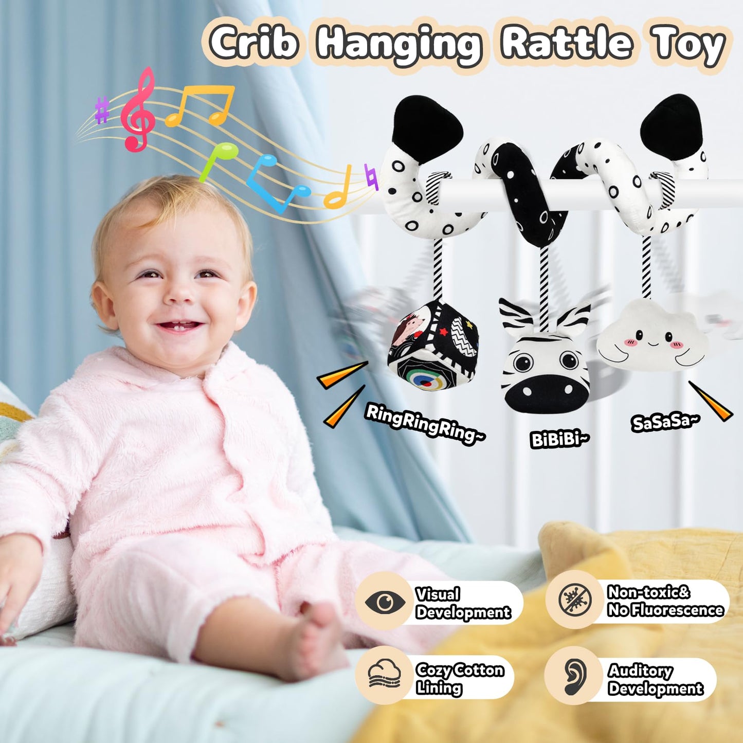 Car Seat Toys for Babies 0-6 Months,Hanging Rattle Toys for Crib Mobile, Baby Spiral Hanging Stroller Black and White High Contrast Toys for Newborn 0 3 6 9 12 Months Baby Boys Girls (Zebra)