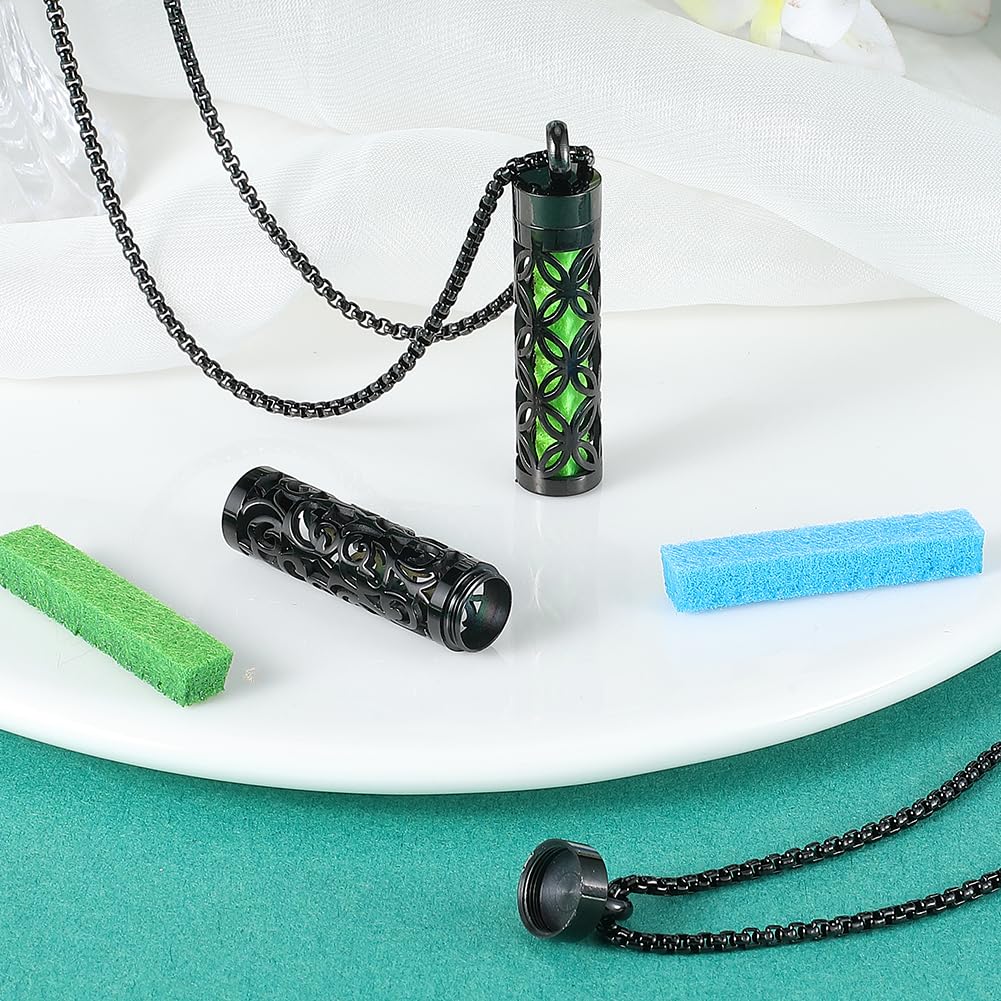 PH PandaHall Essential Oil Diffuser Necklace 2 Styles Black Aromatherapy Necklaces Stainless Steel Locket Pendant with 20pcs Refill Pads Perfume Bottle Necklace for Women Men Birthday Jewelry Gifts