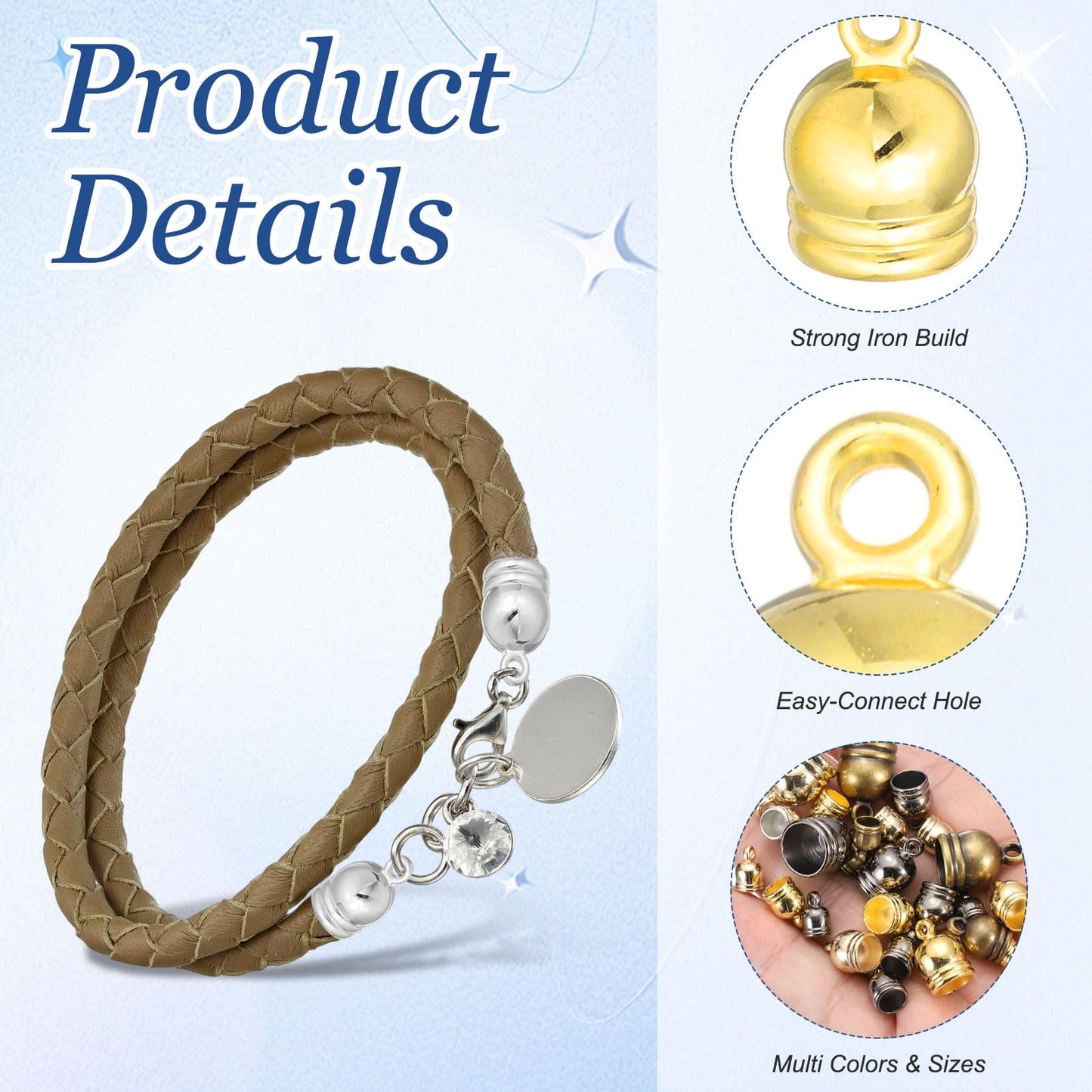 MECCANIXITY 250Pcs Tassel Leather Cords Buckle End Tip Cap, Leather & Metal Cord Ends Suede Fiber Crimps Beads Caps for Jewelry Making DIY Pendant, Gold (7x10/8x13/10x15/12x18/15x21mm)