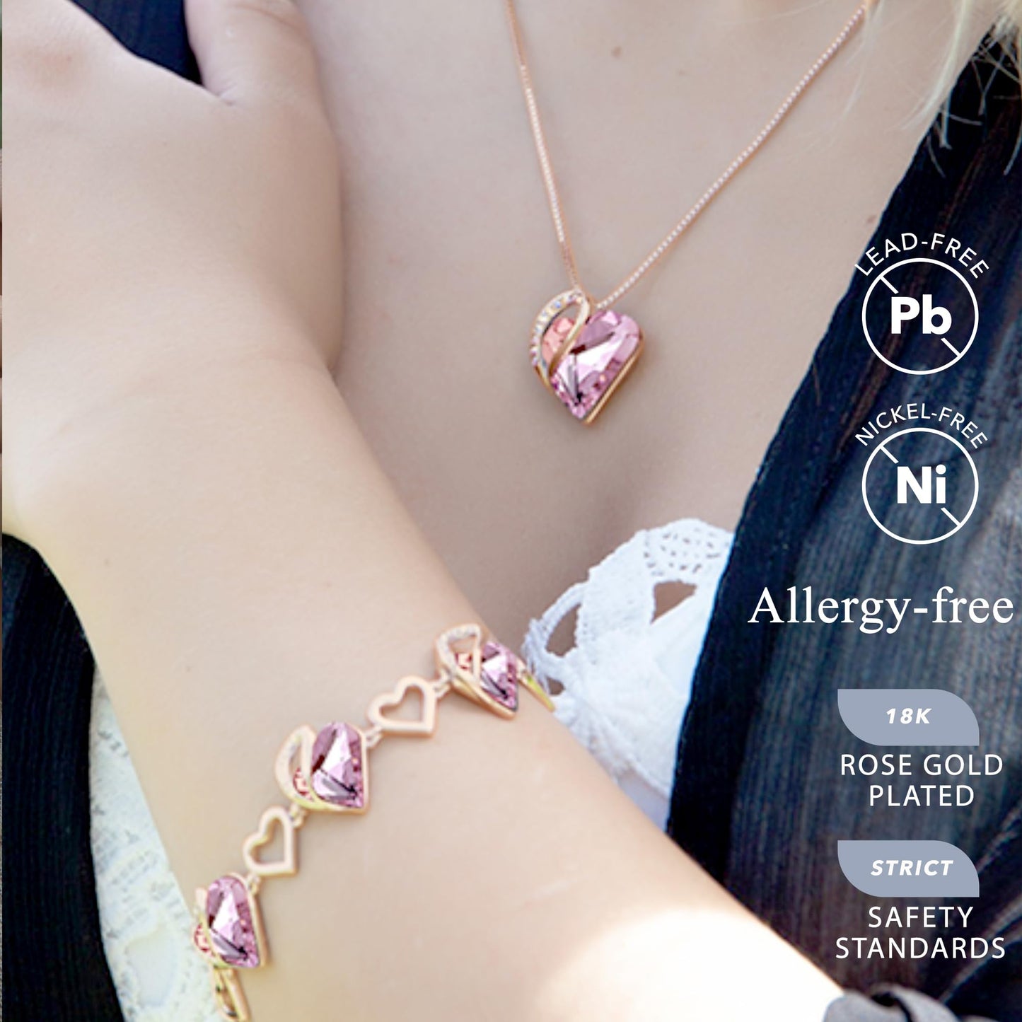 Leafael Gifts for Women Rose Gold Plated Necklaces: Heart Quartz Pink Crystal, October Birthstone, Hypoallergenic Chain (18"+2"), Birthday Jewelry for Mom, Wife, and Girlfriend