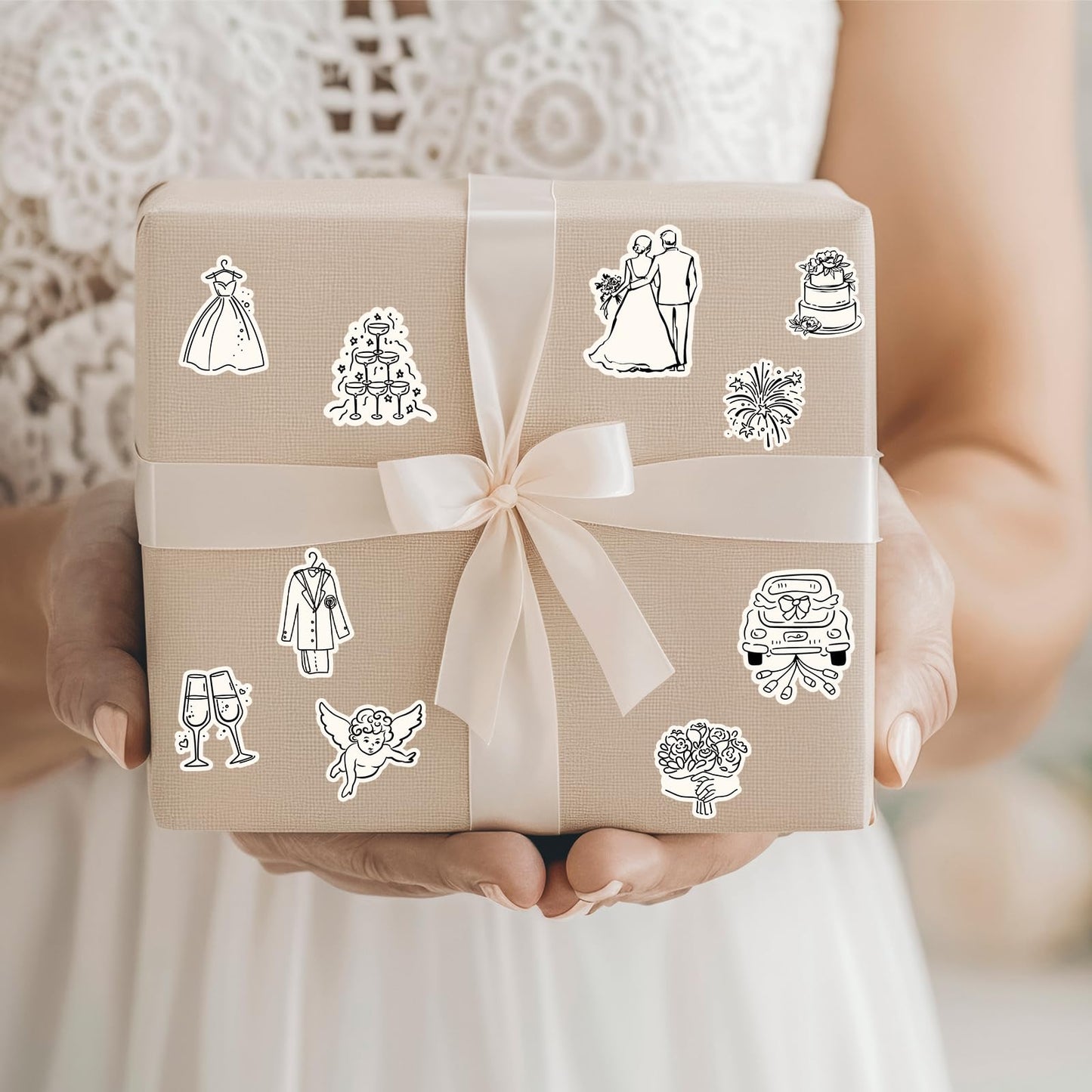 Whaline 294Pcs Wedding Stickers Seal Decals Black Beige Groom and Bride Cupid Flower Adhesive Labels for Wedding Bridal Shower Party Favor Supplies, 18 Sheets