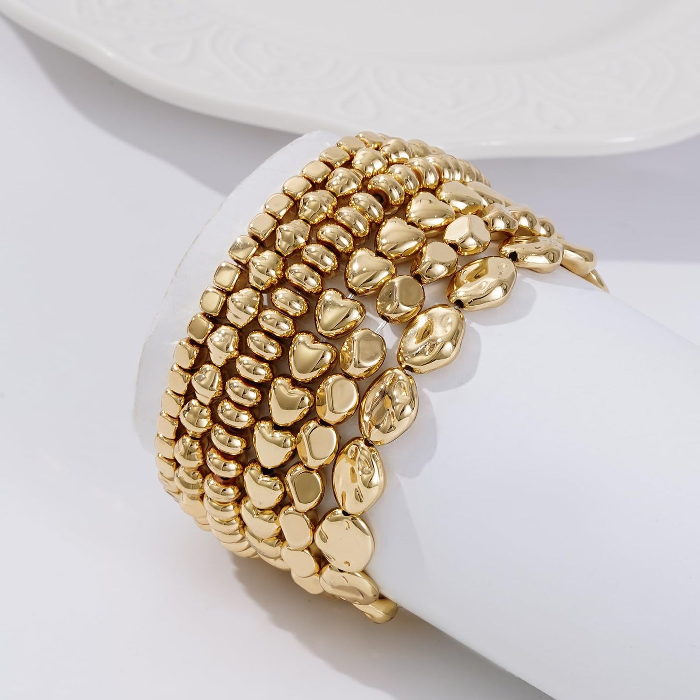 Sajidos Gold Beaded Bracelets for Women Trendy, 14K Gold Plated Stack Cross Pearl Gold Bead Stretch Bracelets Set Elastic Hypoallergenic Bracelets Jewelry Gifts (style3)