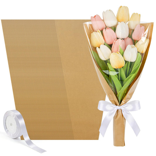 50 PCS Flower Wrapping Paper Sleeves for Bouquets, Kraft Bouquet Bags with Ribbons, Bulk Flower Sleeves for Mother’s Day Wedding Graduation Valentine, Florist Packaging Supplies, 17.7 x 9.4 x 3.5 Inches