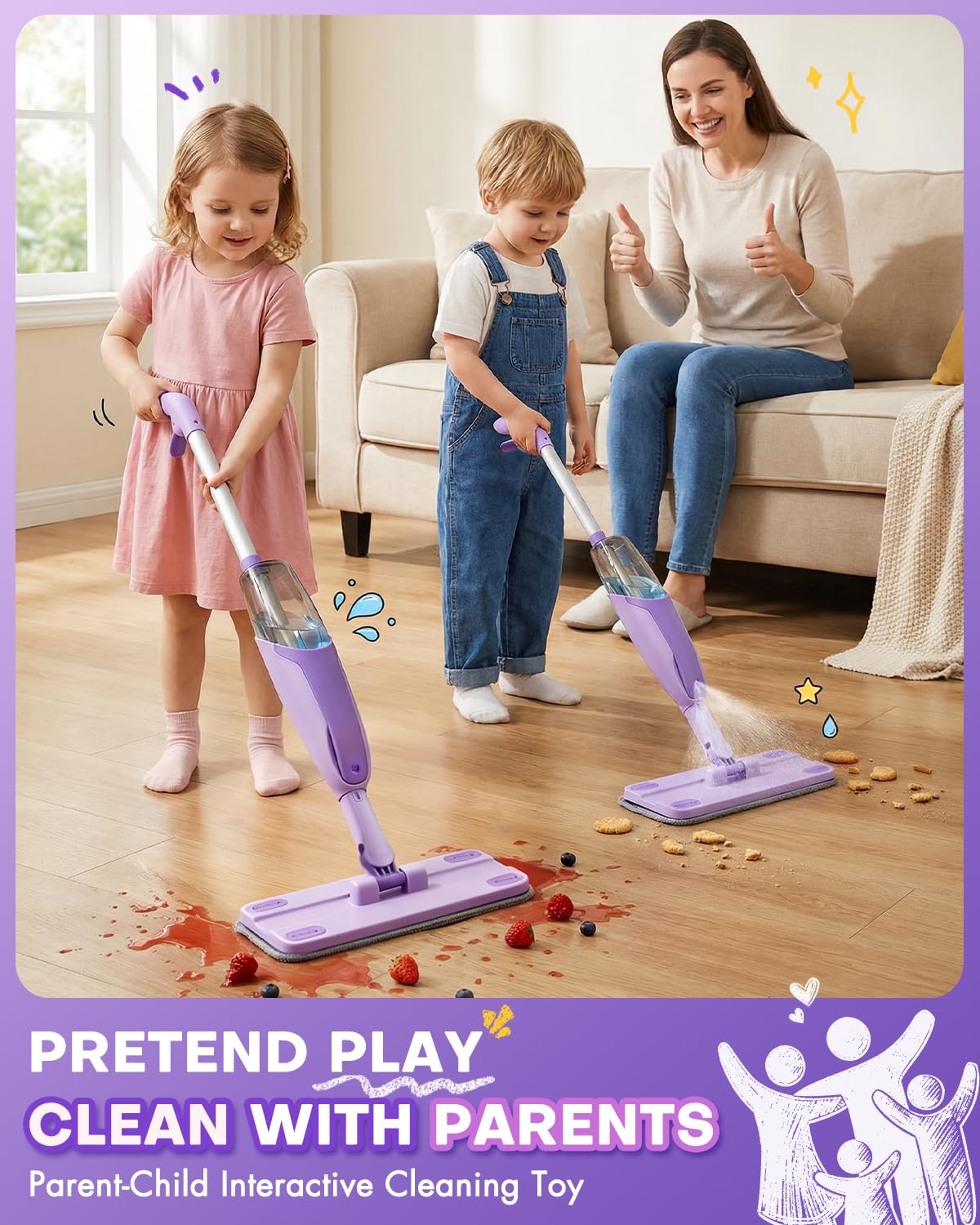 Purple Mini Spray Mop for Toddler-Montessori Cleaning Toy that Real Spray Water,Pretend Playhouse Essentials for Girls Ages 3-8,Toddler Educational Housekeeping Set