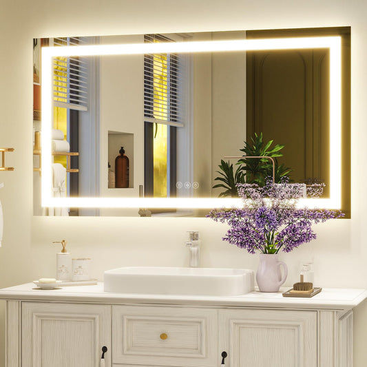 XRAMFY 48'' x 32'' LED Bathroom Mirror with Lights, Wall Mirror with Front and Backlight, 3 Colors Vanity Mirror with Lights, Anti-Fog Wall Mirror for Bathroom