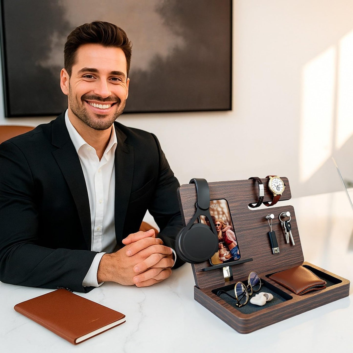 Namore Nightstand Organizer for Men – Wood Phone Docking Station & Bedside Valet Tray Organizer for Wallet, Watch & Keys – Unique Gifts for Men, Husband, Dad