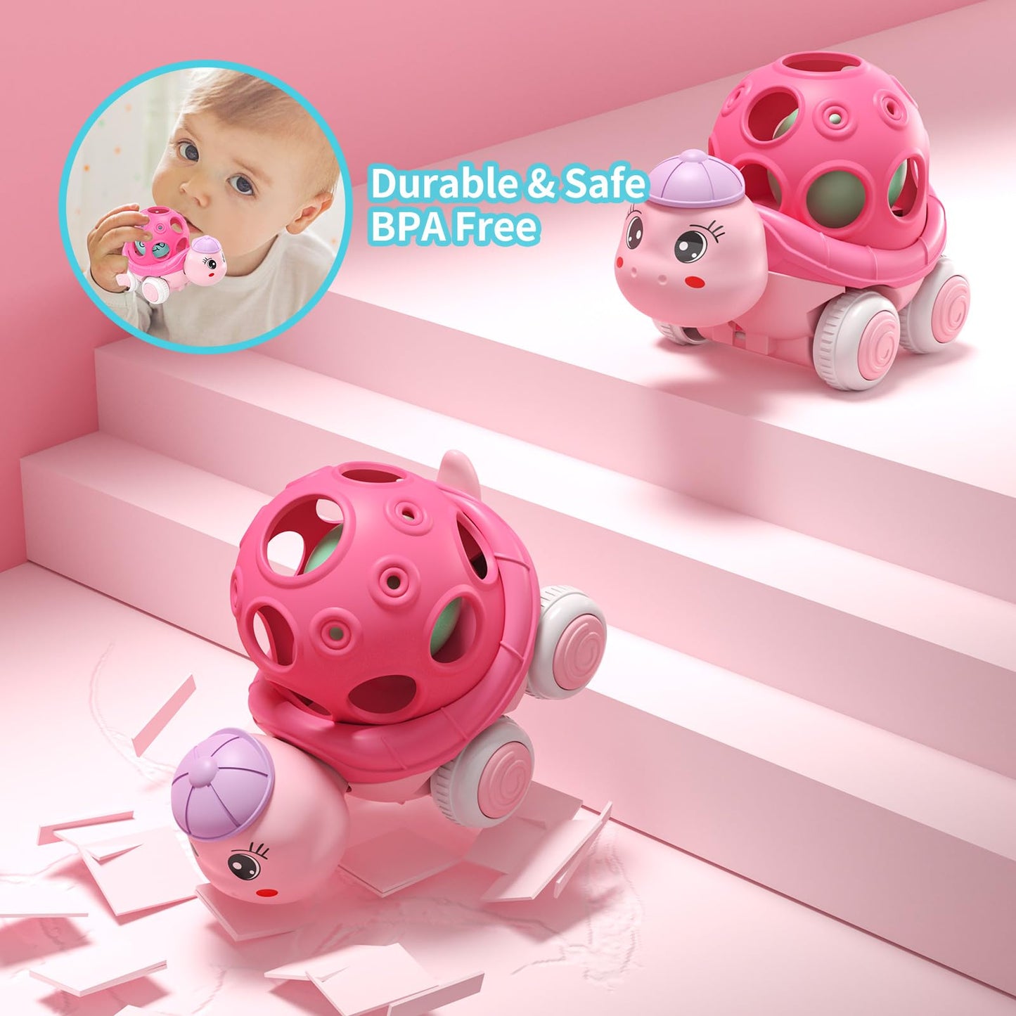 BeAndge Baby Girl Toys Gifts for 1 2 Year Old Girls, Pink Cars for Babies 6-12 12-18 Months, Push and Go Trucks for Toddlers, Soft Rattle Toys for One 1+ Infants First Birthday Easter Gifts