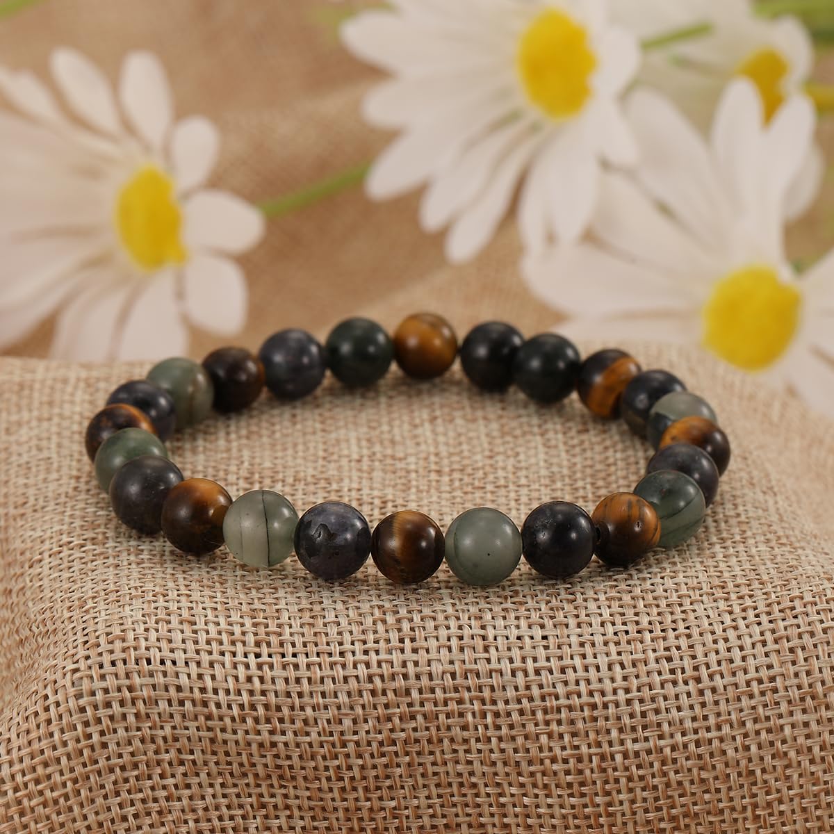 Crystal Vibe Triple Protection Bracelet - Tiger's Eye - Bloodstone - Iolite - Natural Gemstone Healing Bracelet - 8mm Beaded Bracelet for Protection Balance - Elastic Adjustable Size