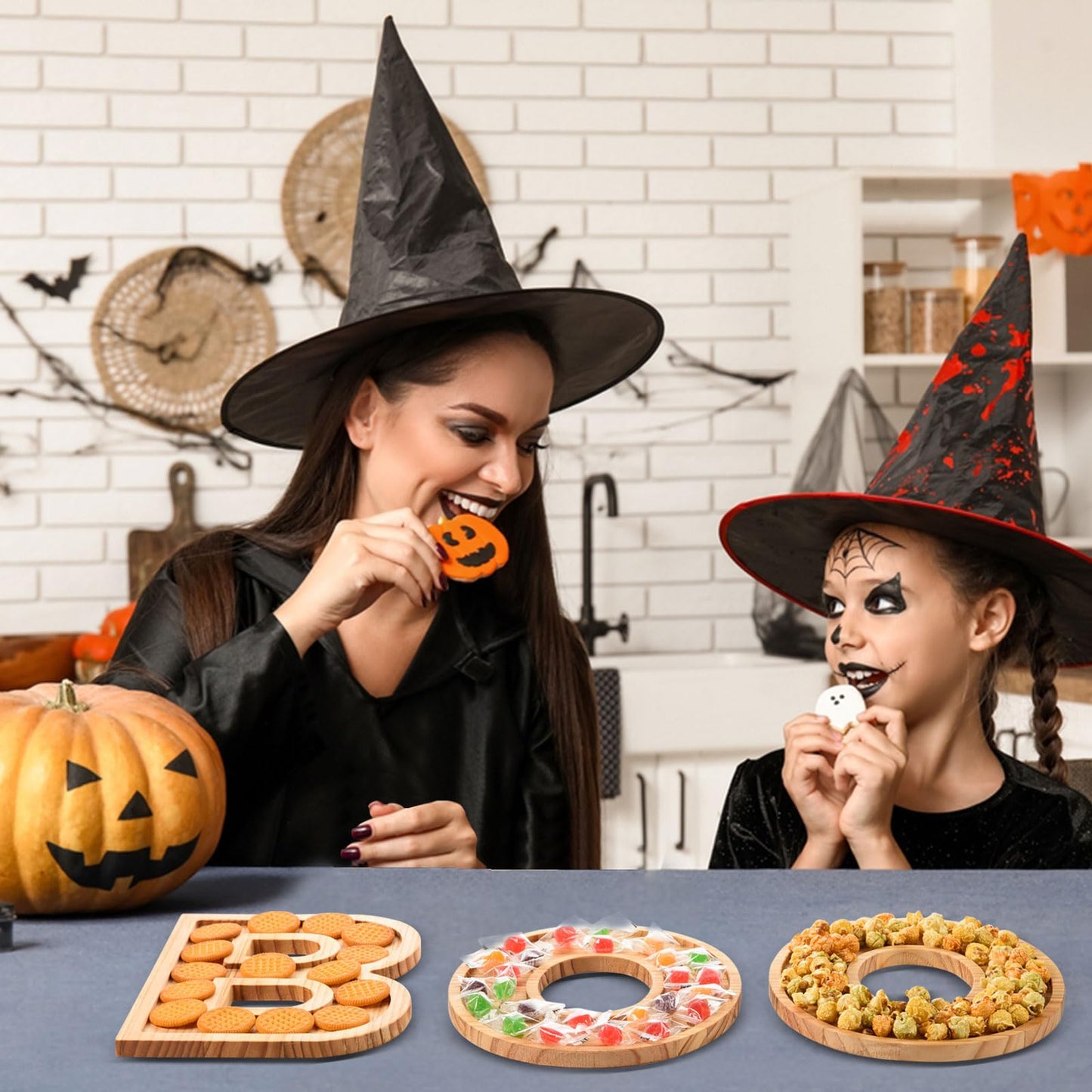 AWIZOM 3 Pcs Halloween Charcuterie Boards BOO Wooden Serving Platters Halloween Pine Wood Trays Wooden Snack Cookie Dish Plates for Home Kitchen Holiday Housewarming Dinnerware Presents