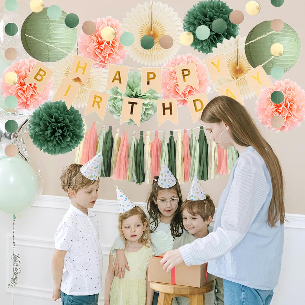 Sage Green and Peach Birthday Decorations Boho Beige Peach and Olive Green Birthday Decorations for Women Girls Cream Fans Pom Poms Sage Olive Pink Cream Tassel Garland Party with Banner Beige Gold