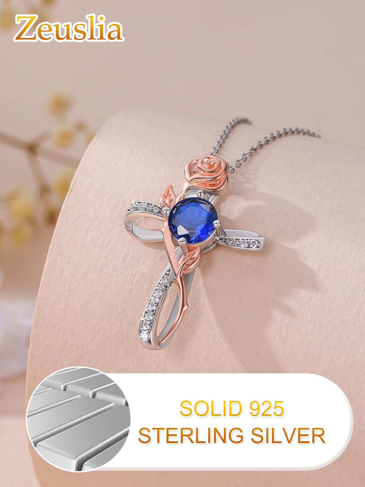 Cross Necklace for Women Sterling Silver Cross Pendant Jewelry with Rose Sapphire September Birthstone Necklace Christian Religious Baptism First Communion Confirmation Birthday Gifts for Women