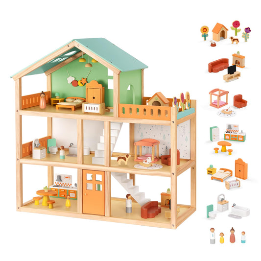 OOOK Large Wooden Dollhouse with 42 Pcs Luxurious Furniture Accessories, 3-Story Doll House 6 Rooms Balcony Wooden Stairs, Ideal Modern Doll House for 3 Year Old