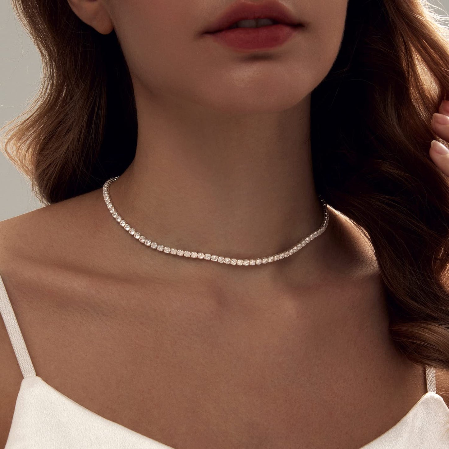 Zeffy Tennis Necklace Jewelry Sets for Women, White Gold Plated Jewelry Set with White AAA Cubic Zirconia, rhinestone choker necklaces, Bridal Jewelry Set for Wedding
