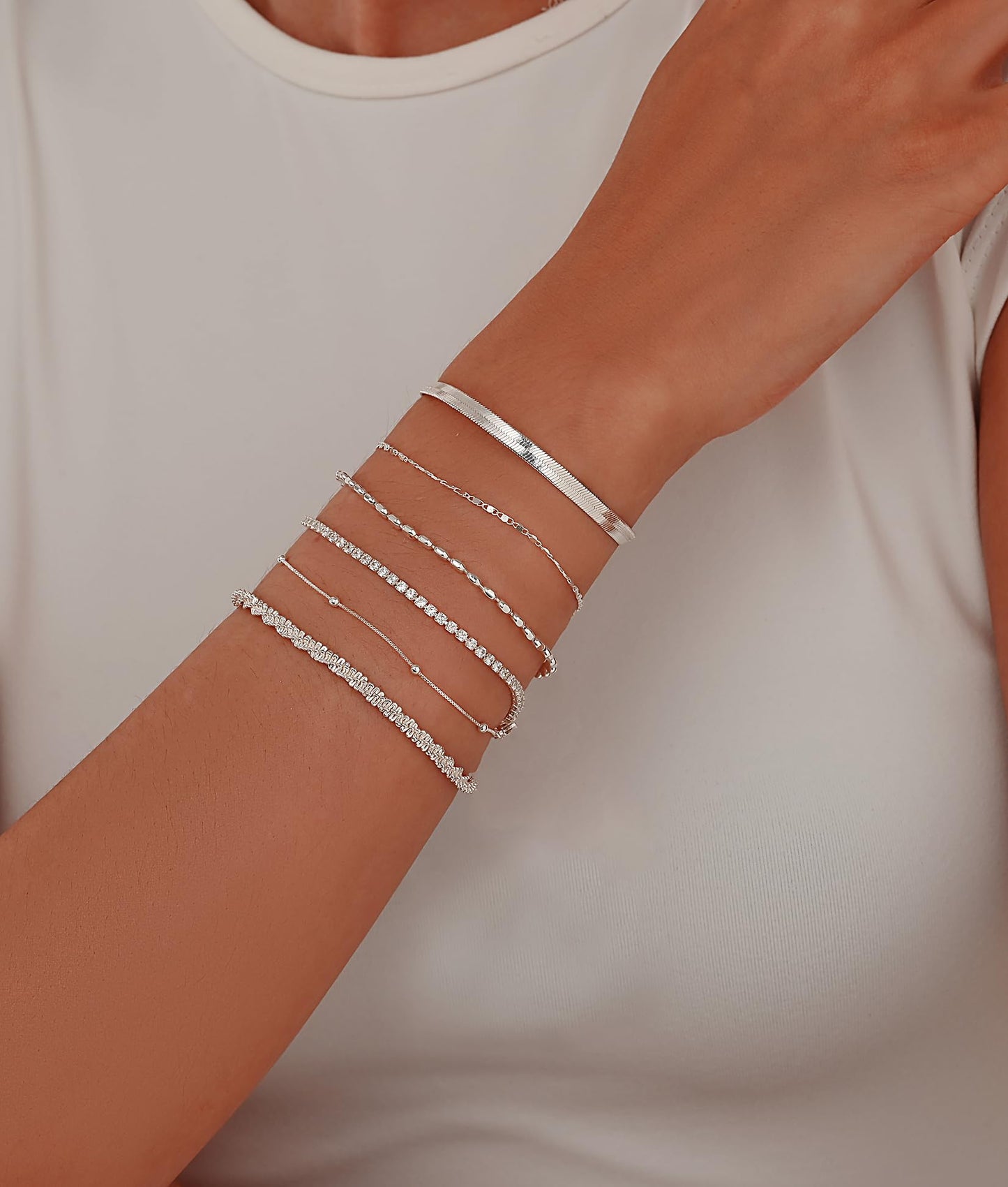 Gold Bracelets for Women 14K Gold Plated Stack Trend Bracelets Charm Paperclip Chain Cuban Link Layered Waterproof Bracelet Dainty Bracelet for Women Jewelry Gifts (Silver 6Pcs)