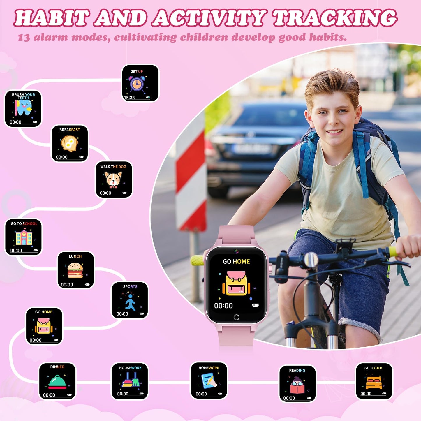 ST-CARE Kids Smart Watch with Camera, Video, Music Player, Alarm Clock, Stopwatch, Calendar, Pedometer, 1.54'' HD Touchscreen, Shockproof, IP68 Waterproof for Girls Boys 6-12 Years Old (Pink)