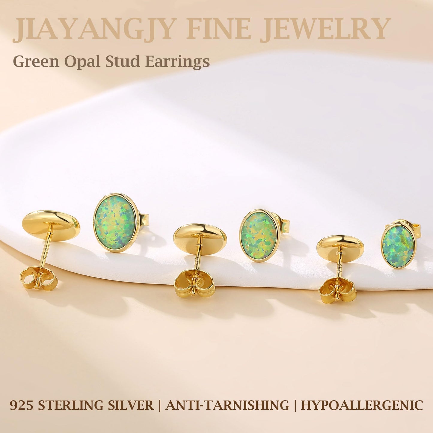 JiayangJY Silver Green Fire Opal Stud Earrings for Women 18K Yellow Gold Plated Sterling Silver Oval Shape 6mm Opal Earrings with Push Back