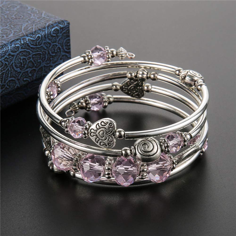 PEARL&CLUB Bead Crystal Wrap Bangle Bracelet - Fashion Jewelry Beaded Bracelet with Silver Metal, Gifts for Women(23-Pink)