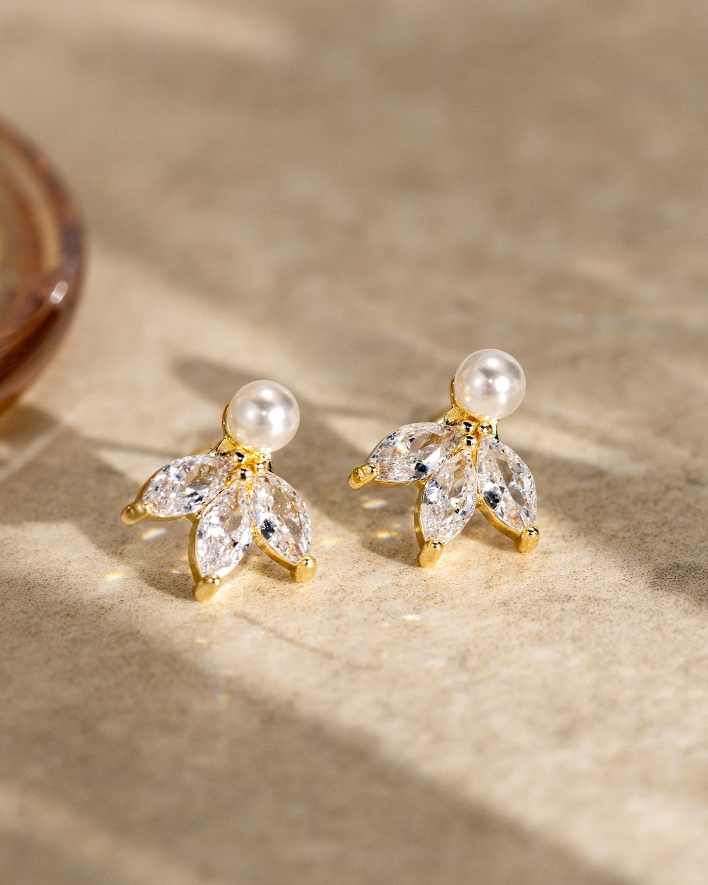 BSGRL Pearl Earrings - 14k Gold Plated 3pcs Marquise Cut Cubic Zirconia Pearl Stud Earrings for Women Wedding Party Bridal