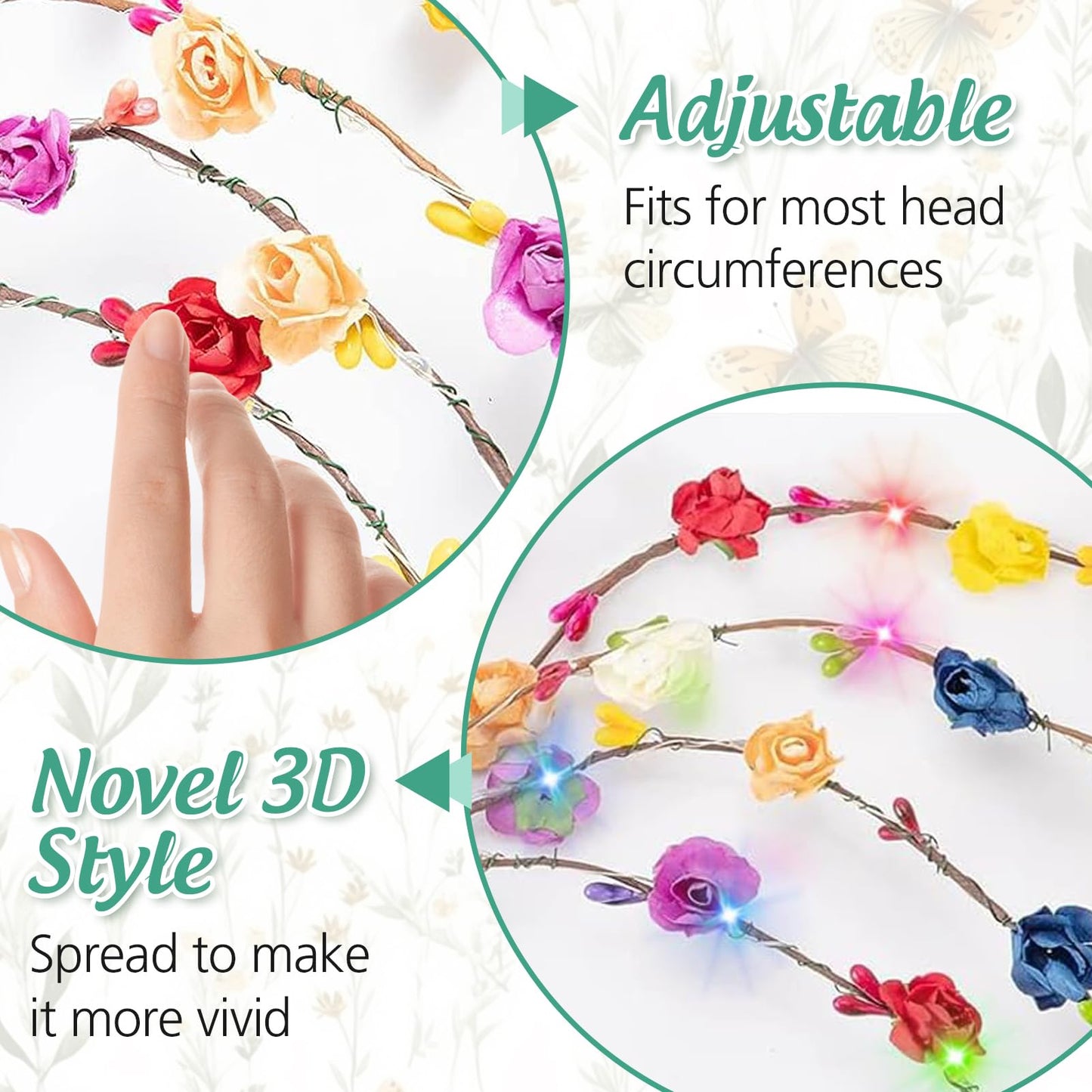20 Pcs LED Flower Crowns Headbands - Light Up Headband for Women, Garlands Glowing Floral Wreath Crowns for Wedding Beach Party Birthday Cosplay Gifts