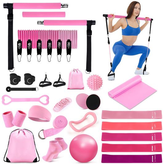 LaRandom Pilates Bar Kit with Resistance Bands Multifunctional Pilates Bar with Metal Adjustment Buckle Portable Storage Bag Yoga Essentials Kit Exercise Equipment for Home Women Gym Workout(Pink)