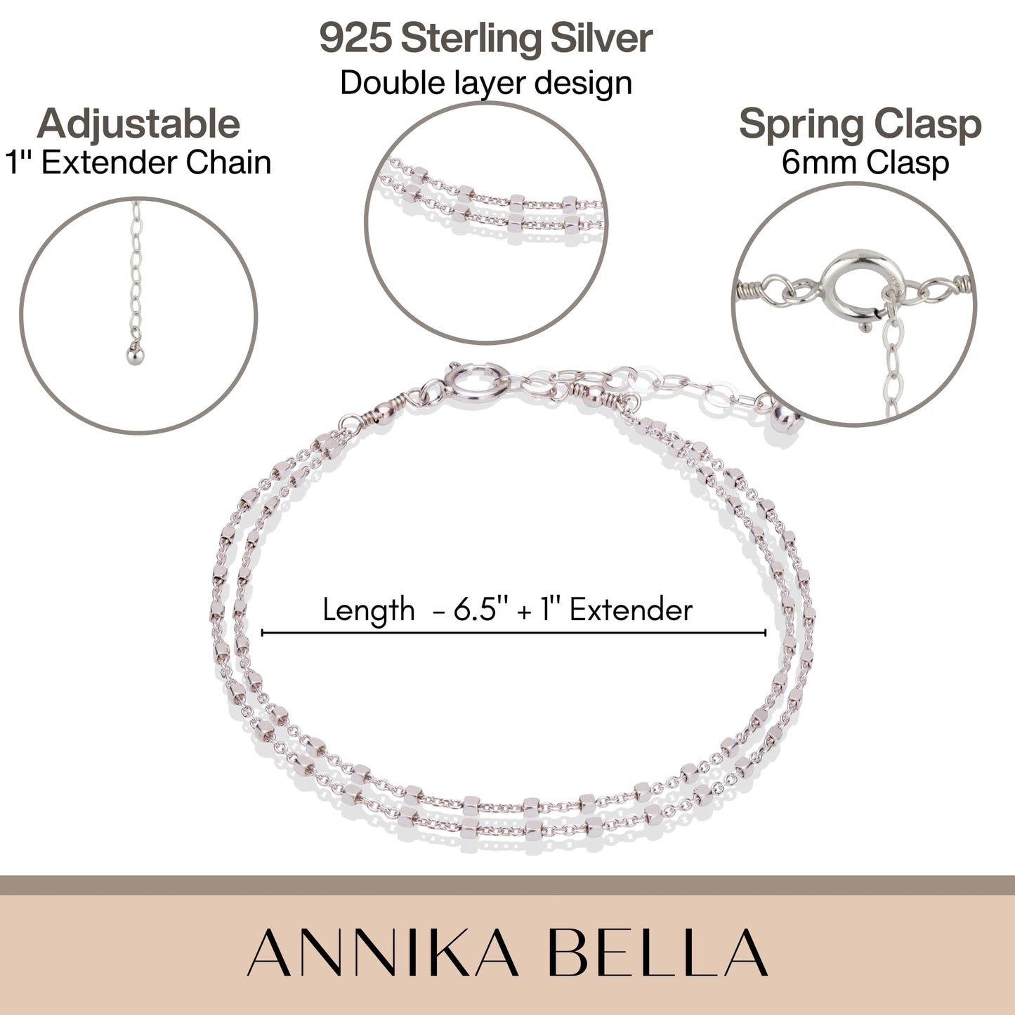 Annika Bella Double Chain Sterling Silver Bracelet, Length 6.5-7.5 Inches, 925 Chain Bracelets for Women, Everyday Jewelry for Women (Cubes Satellite chains)