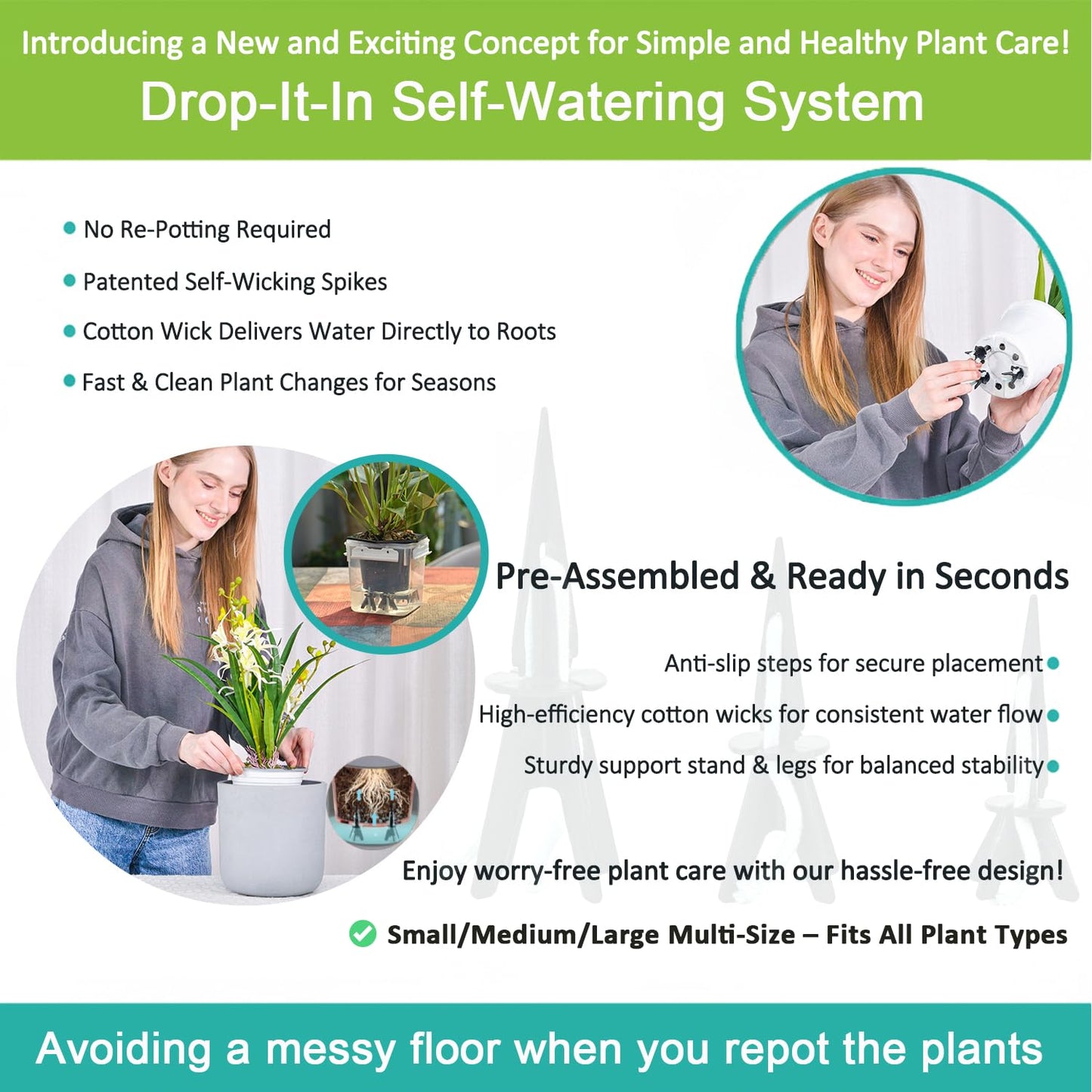 GreenShip 4 Pack Self Watering Planter Insert, Wick Spikes for Plants, Patented Plant Wicks for Self Watering, Plant Stakes for Indoor Outdoor Plants,Vacation Use (Small for Height 4.7"-12" Planter)