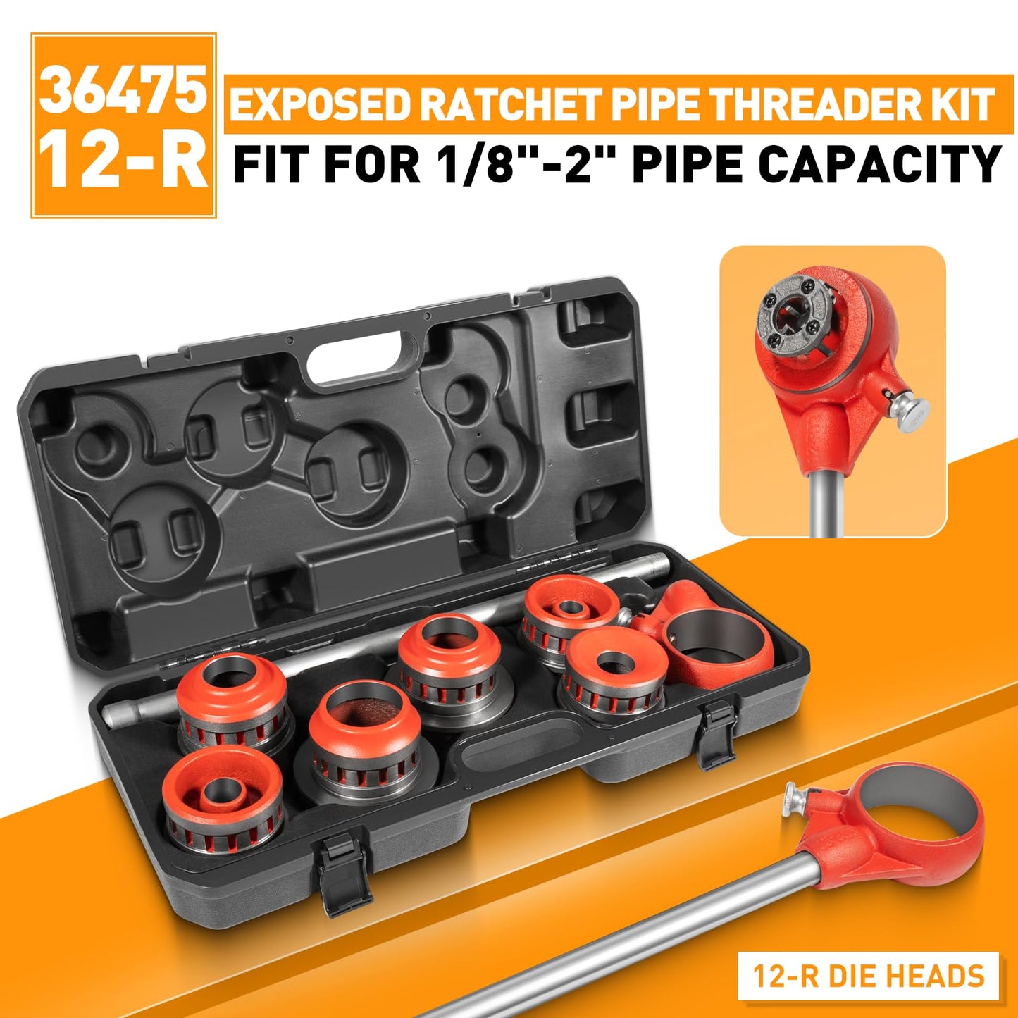36475 12-R Exposed Ratchet Pipe Threader Kit Fit For 1/8"-2" Pipe Capacity with 12-R Die Heads, Heavy-Duty Manual NPT Threading Tool Come with Carrying Case