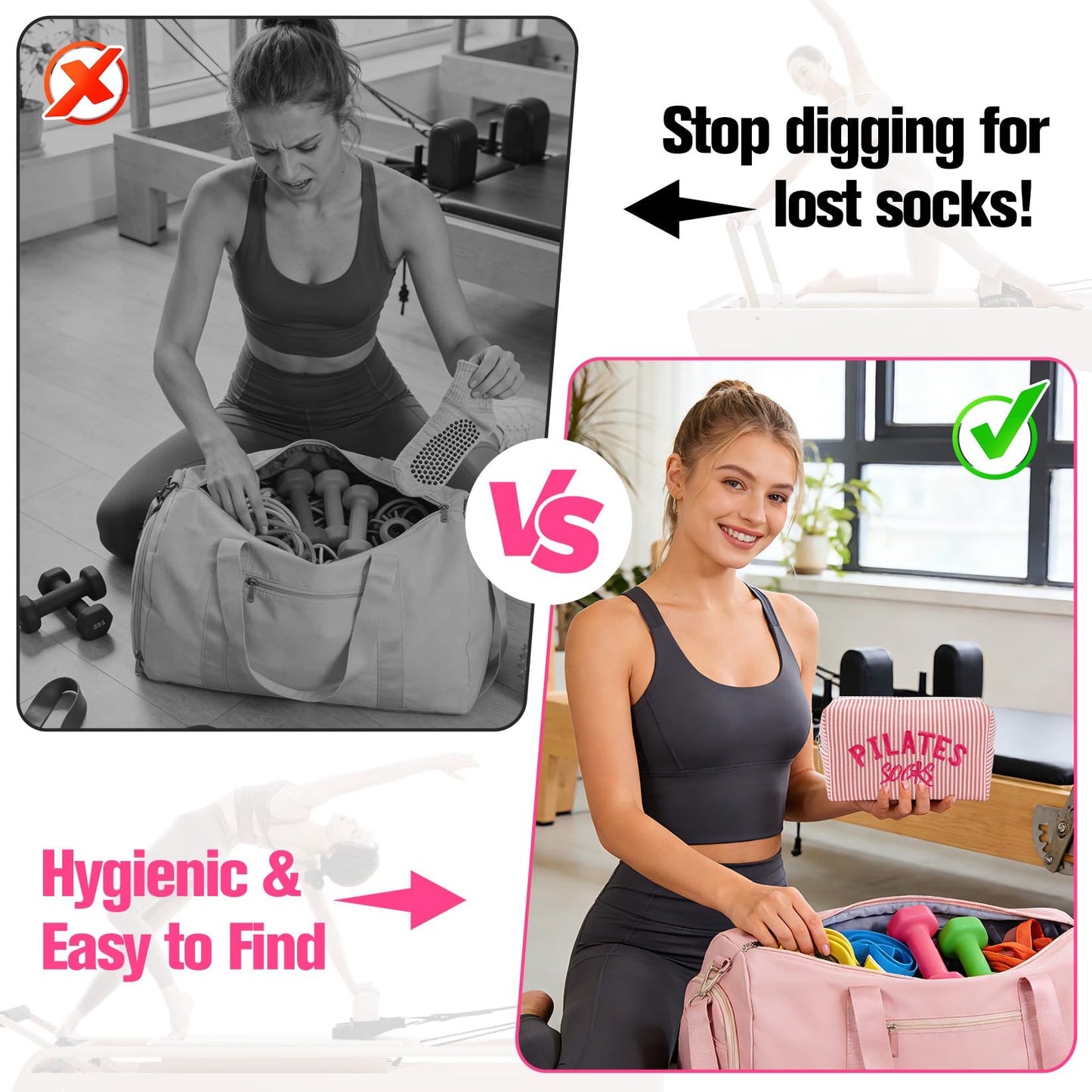 TIFFYONEK Pilates Grip Socks Bag - Embroidered Seersucker Pouch for Women - Cute Makeup Cosmetic Organizer & Gym Bag Accessory for Barre, Yoga, Reformer Studio - Pilates Princess Gifts (Pink Stripe)