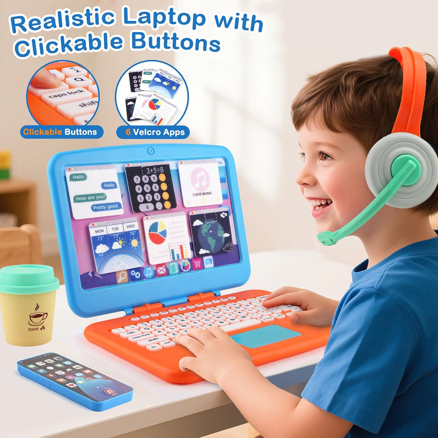 Pretend Play Home Office Set for Kids, Features Toy Laptop Computer, LCD Writing Tablet, Toy Phone, Headset, Sunflower & Coffee Cup, Toys Gifts for Boys Girls Age 3-5-7