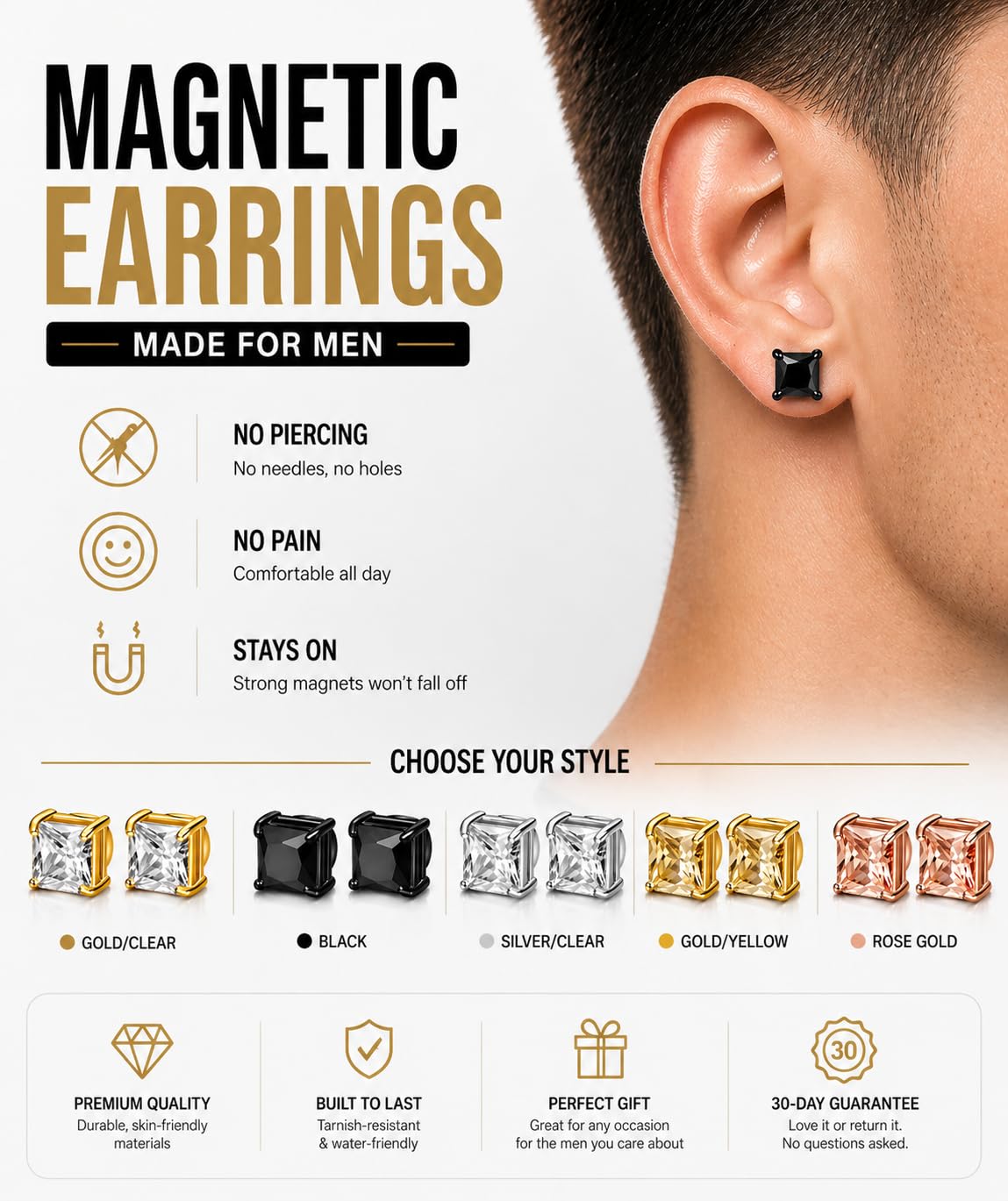 BEFOSHINN Magnetic Stud Earrings for Men and Women, No Piercing Needed, 5 Pairs 316L Stainless Steel CZ Clip On Ear Studs, 8mm Fake Earrings for Non Pierced Ears, Silver Black Gold Rose Gold (5PCS-8MM)