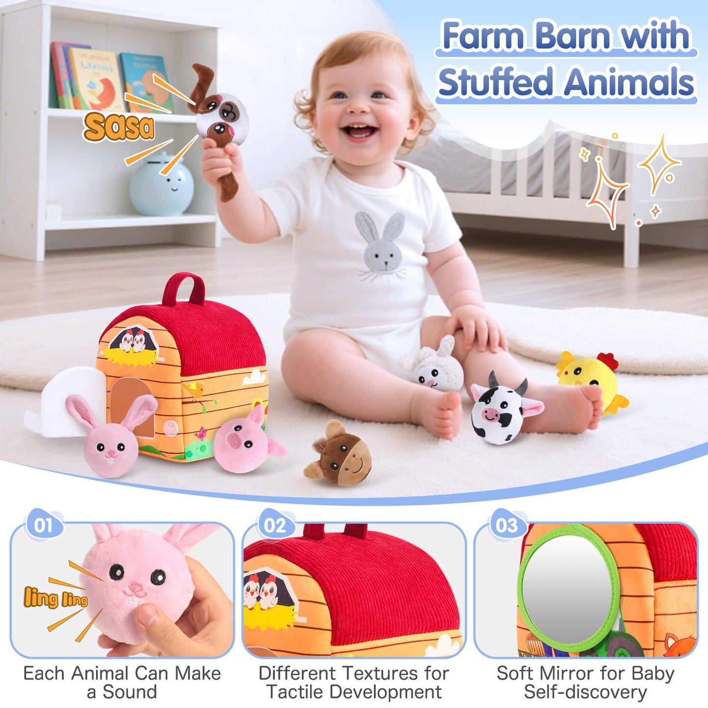 HuToYii Baby Toys 6-12 Months, Plush Barn with Stuffed Farm Animals, Sensory Rattle, Mirror, Crinkle, Montessori Toys for 6 Month Old Babies for Infant & Toddler 1-3 Boy and Girls