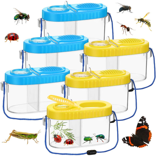 6 Pack Bug Catcher Kit for Kids Bulk Insect Habitat Viewer with Magnifying Glass Vents Portable Bug Collection Cage with Lanyard Nature Outdoor Explorer Set for Boys Girls Birthday Gift(Yellow，Blue)