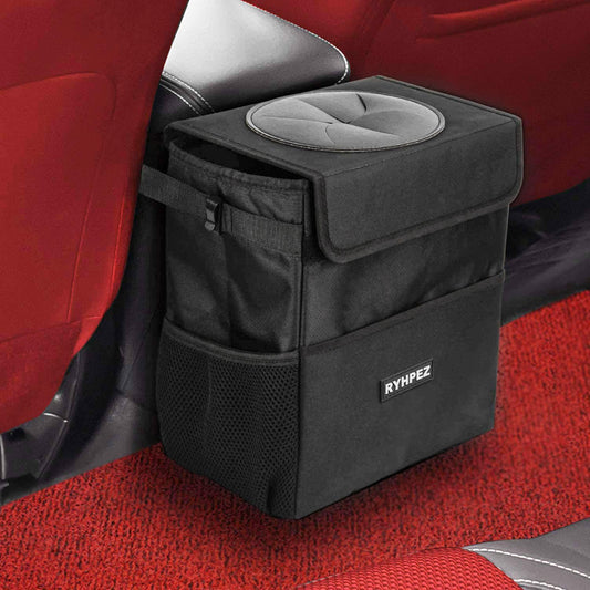 Ryhpez Car Trash Can with Lid - Leakproof Trash Bin Car Garbage Can, Collapsible Automotive Truck Organizer and Storage Bag Car Accessories for Women Men Road Trip Essentials