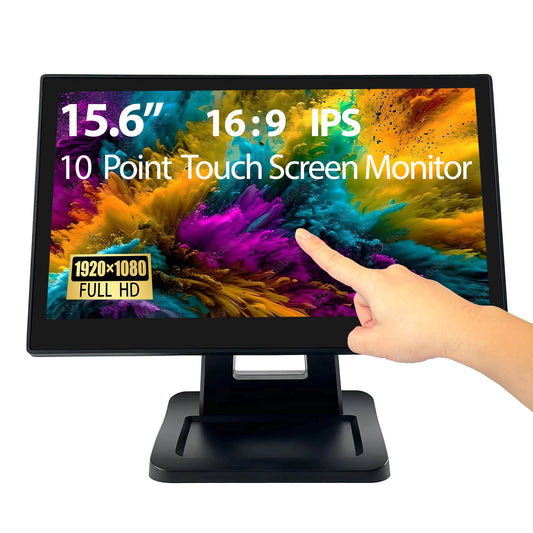 ANGEL POS 15.6 Inch 1920 x 1080 FHD IPS Touchscreen POS Monitor with Metal Stand, 10 Points Touch HDMI VGA, Waterproof Dustproof Screen 1080P, Indusitrial, Office, Retail, Gym, Warehouse (Black)