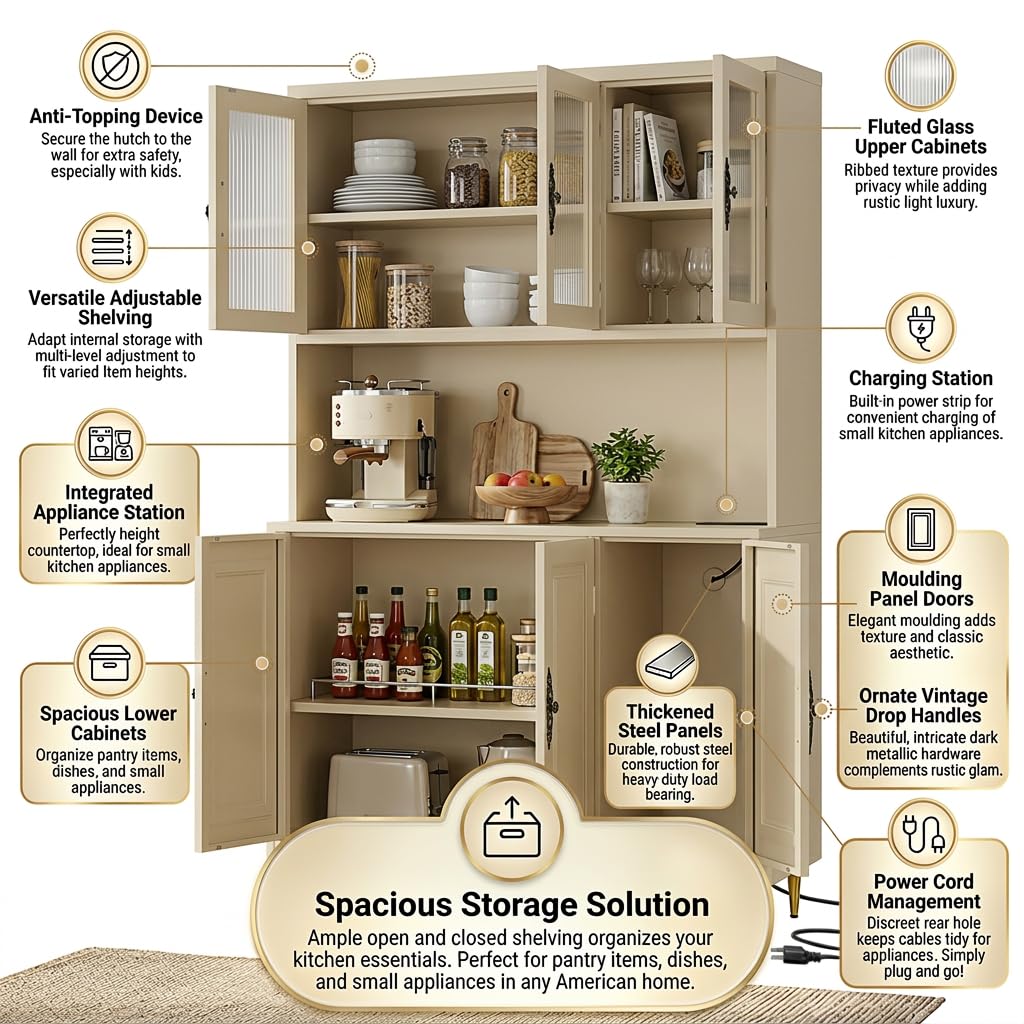 AUN Pantry Cabinet with Charging Station - 68" Multi-Scene Storage Cabinet for Kitchen, Coffee Bar, Dining Room | Adjustable Shelves & Soft-Close Doors,Beige