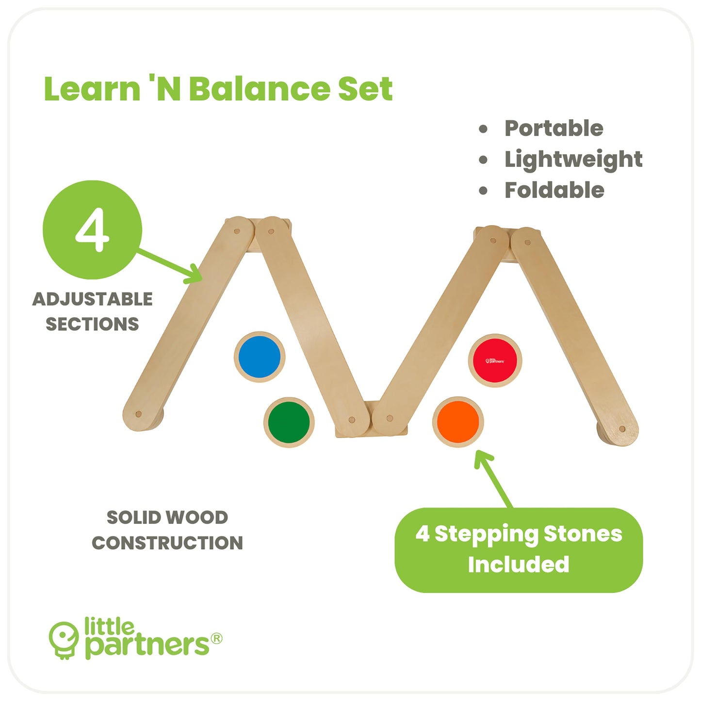 Little Partners Learn 'N Balance Toddler Balance Beam and Stepping Stones Set for Kids, Wooden Indoor Children's Activity Toy with 4 Colorful Stones, Portable Design, Hinged Sections