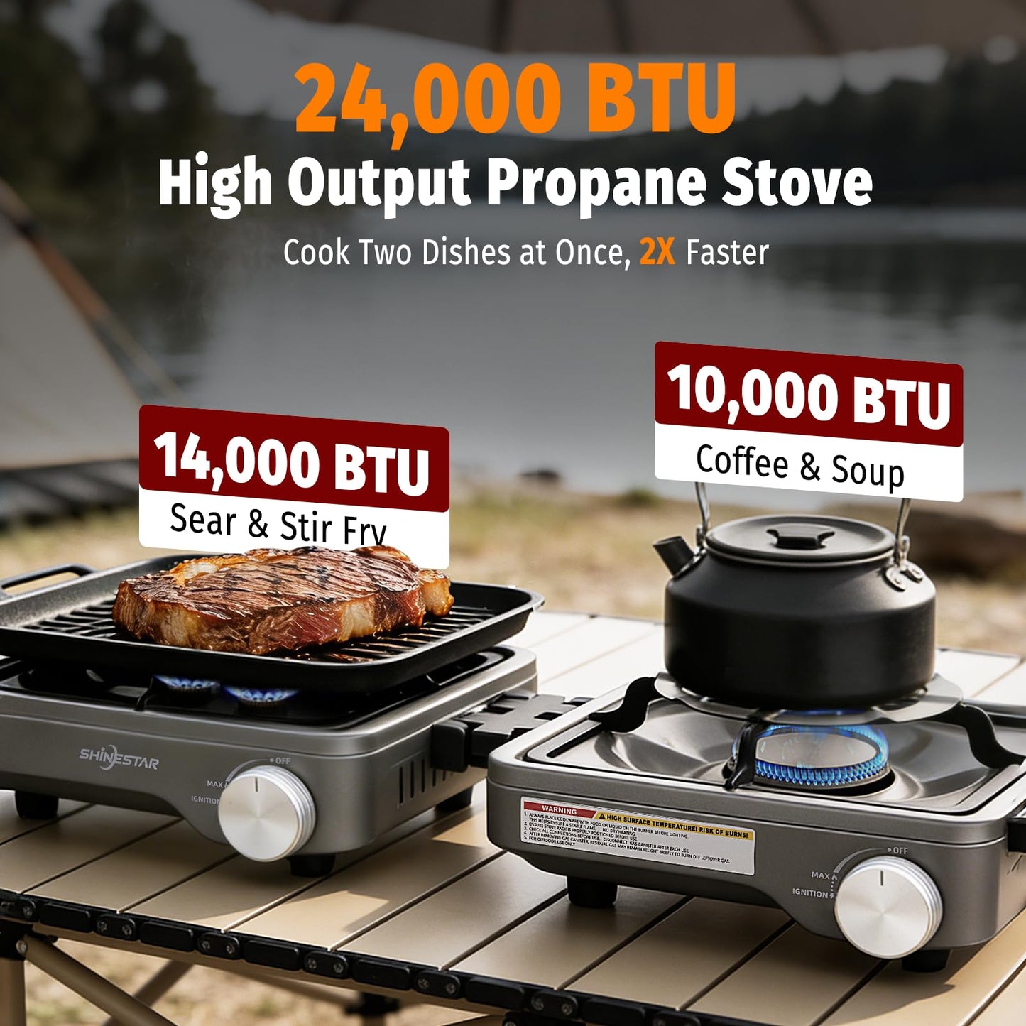 SHINESTAR 2 Burner Camping Stove, 24000 BTU Portable Propane Camp Stove with Brass Burner, Foldable Gas Stove with Windshield & Coffee Stand, Camping Essentials for Outdoor Cooking, or Emergencies